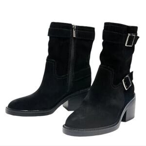 Vince Camuto Suede Leather Buckle Moto Boot Vergila Black Women's Size 9‎ New